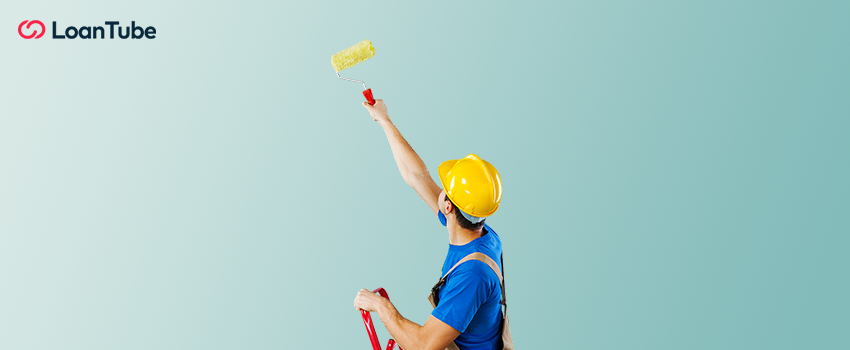 Illustration of a house under renovation with financial symbols representing home improvement loans.